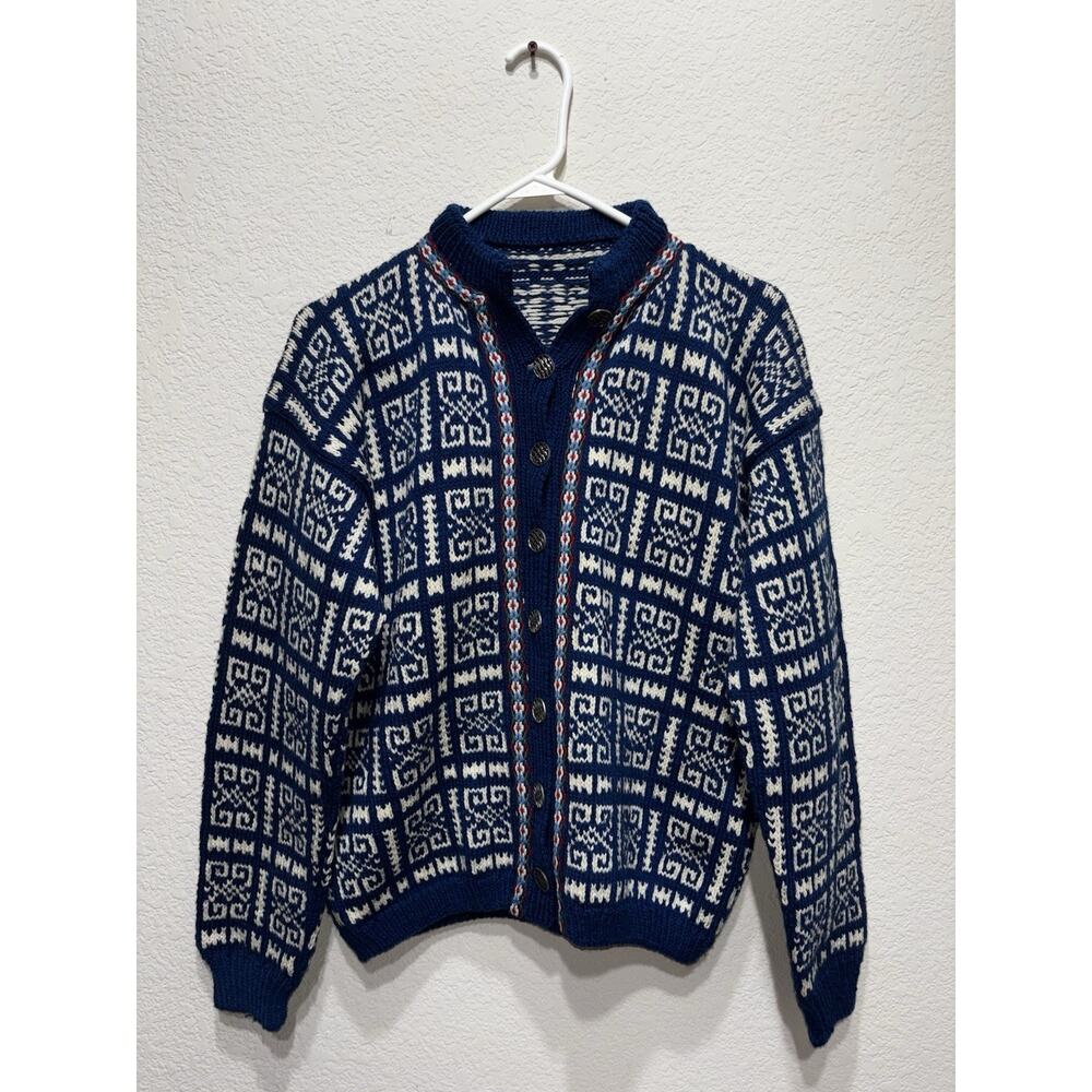Vintage Nordic Handmade Wool Sweater Cardigan Blue Pattern Medium